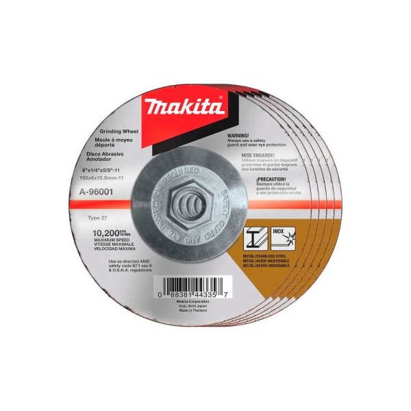 Makita Hubbed INOX Grinding Wheel, 36 Grit, Type 27, 6inDia x 1/4inT x 5/8-11in Ctr HoleDia-25/Pk A-96001-25 - main